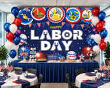 Happy Labor Day Backdrop, Patriotic Construction Tools Photo Booth Banner