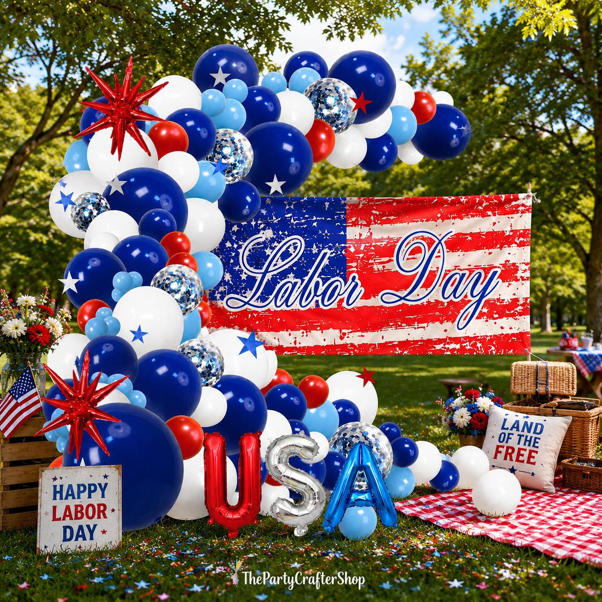 Labor Day Balloon Garland Kit, Red White Blue Arch, USA Foil Letters (124 Piece)
