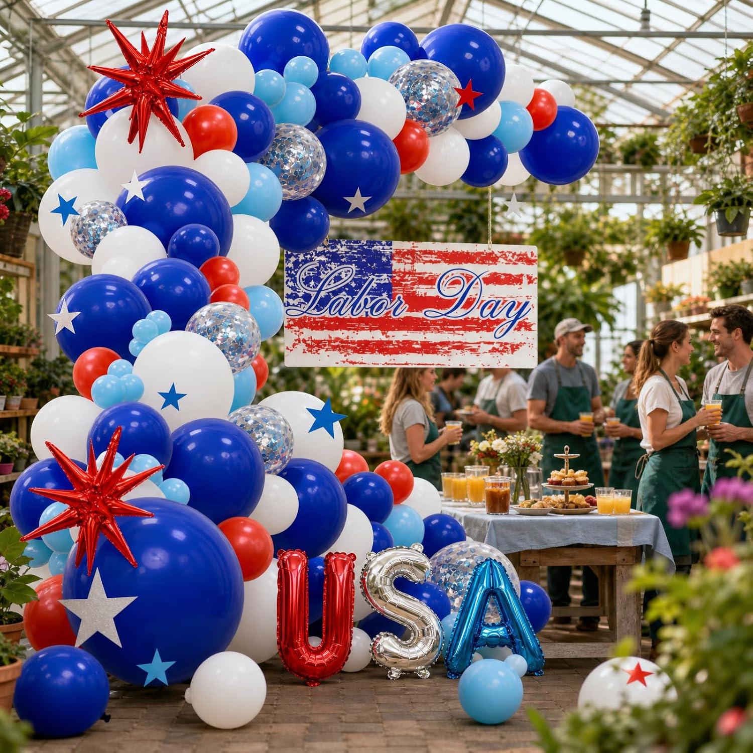 Labor Day Balloon Garland Kit, Red White Blue Arch, USA Foil Letters (124 Piece)