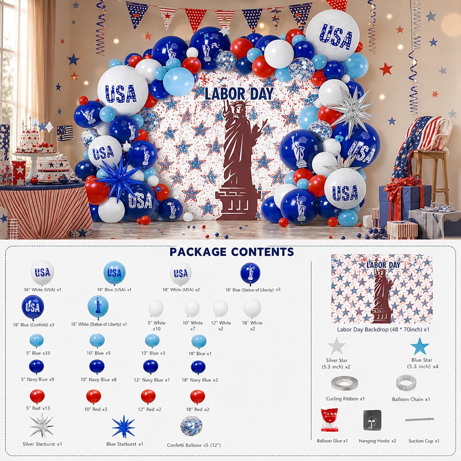Labor Day Balloon Arch Kit, Red White Blue Garland, Statue of Liberty, USA Foil Balloons