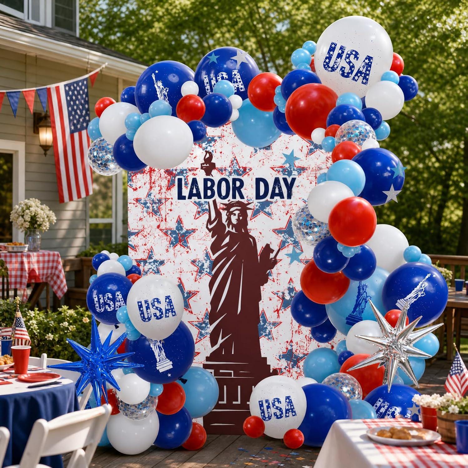 Labor Day Balloon Arch Kit, Red White Blue Garland, Statue of Liberty, USA Foil Balloons