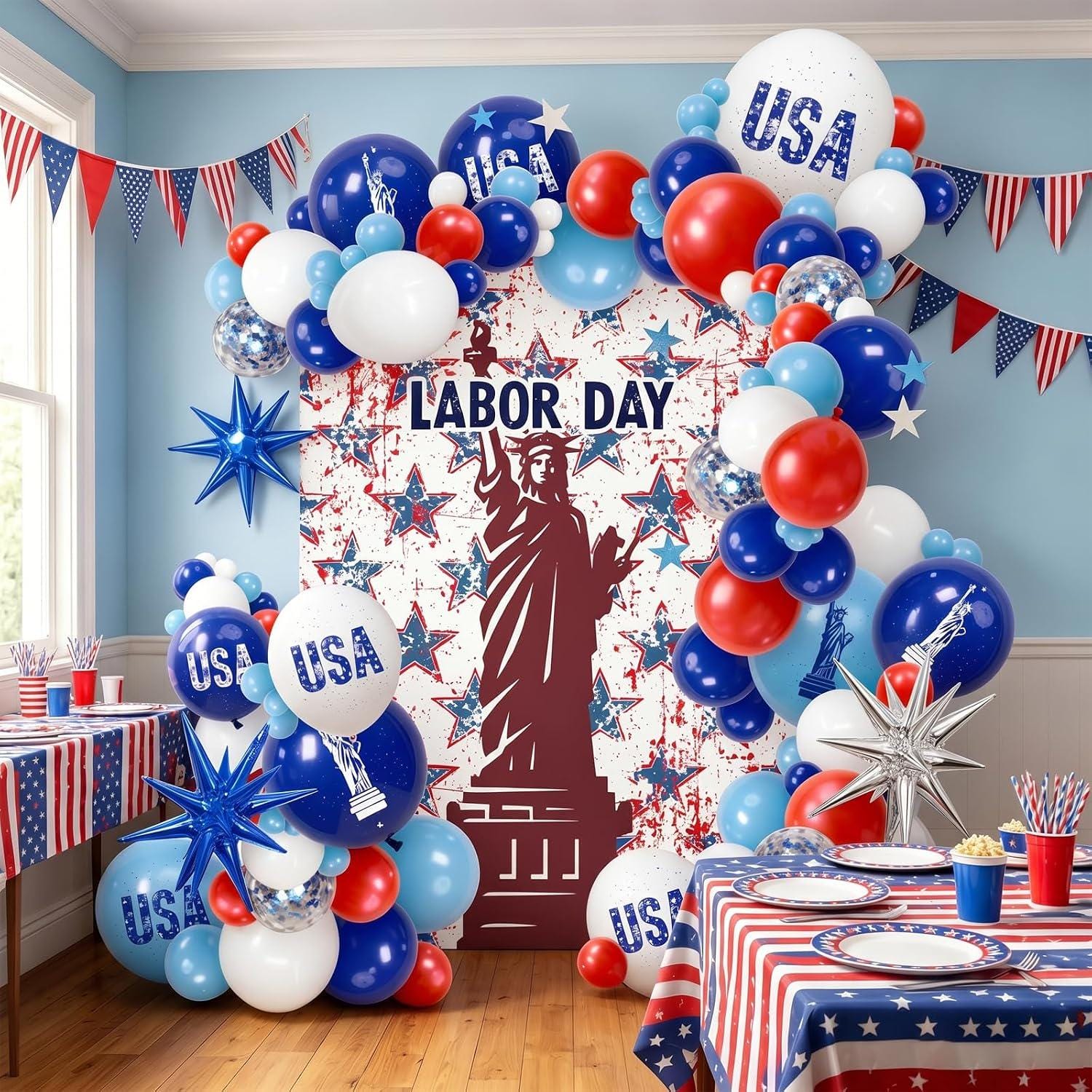 Labor Day Balloon Arch Kit, Red White Blue Garland, Statue of Liberty, USA Foil Balloons