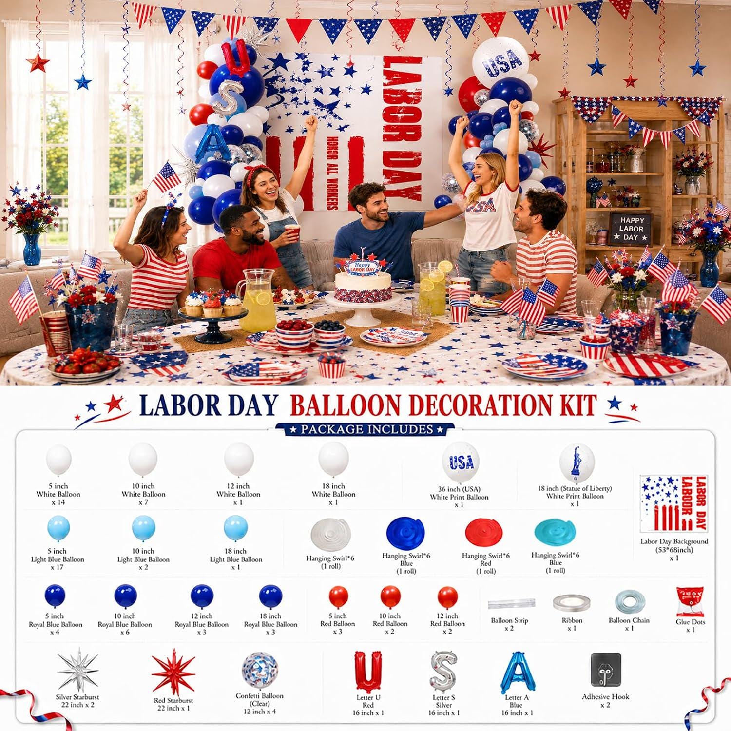 Labor Day Balloon Arch Kit, Red White Blue USA Foil Letters, Patriotic Party Decor