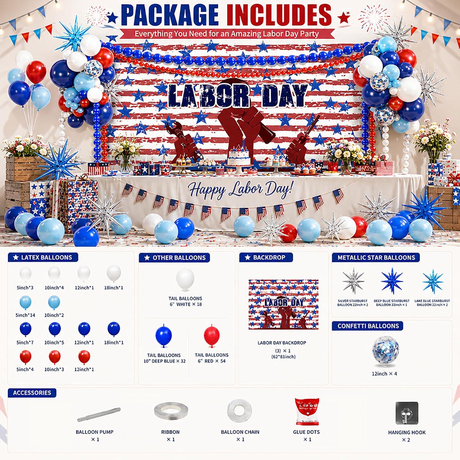 Labor Day Balloon Arch Kit, Red White Blue Patriotic Party Decor, Photo Booth Backdrop