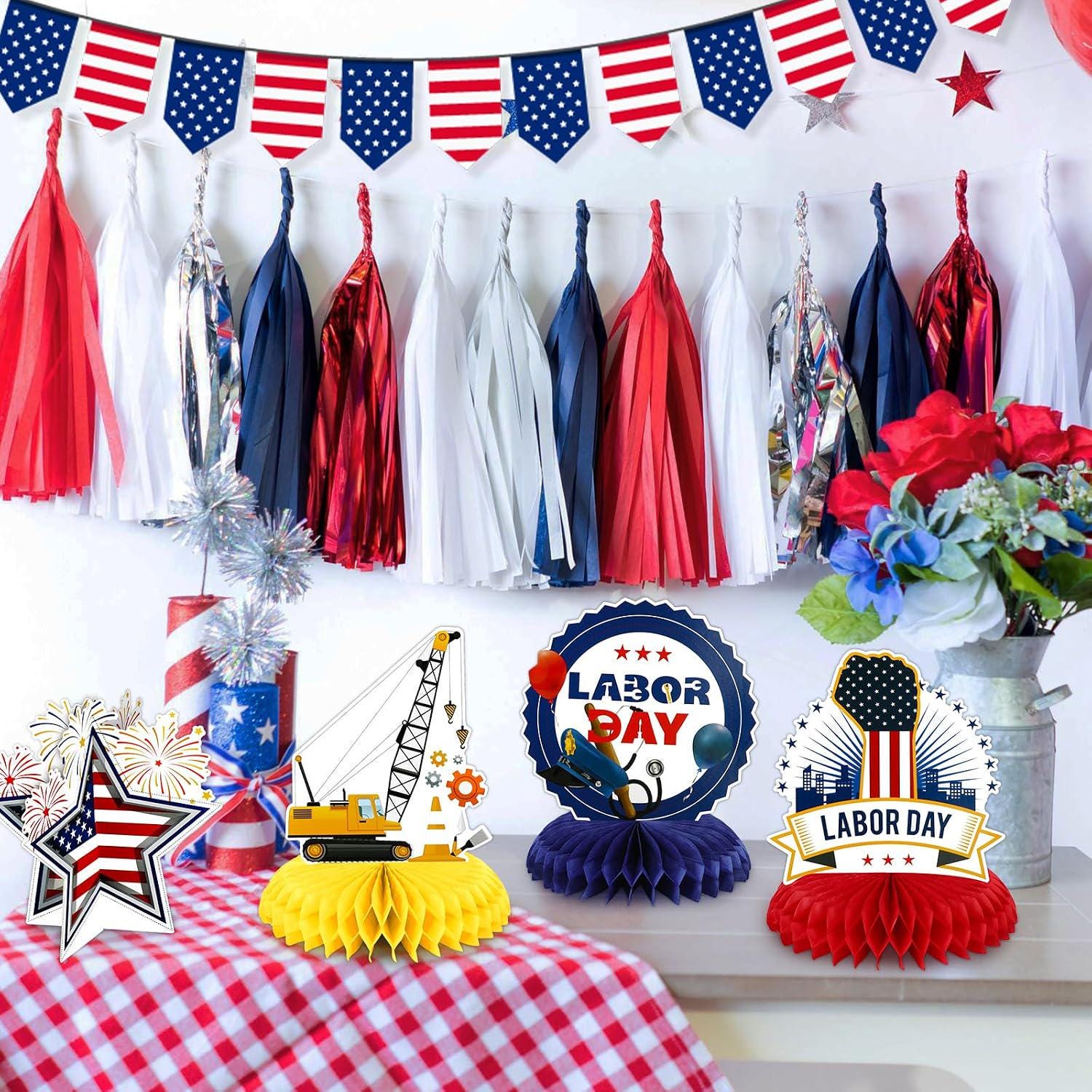 Patriotic Labor Day Centerpieces, Worker Tools, Red White Blue Decorations