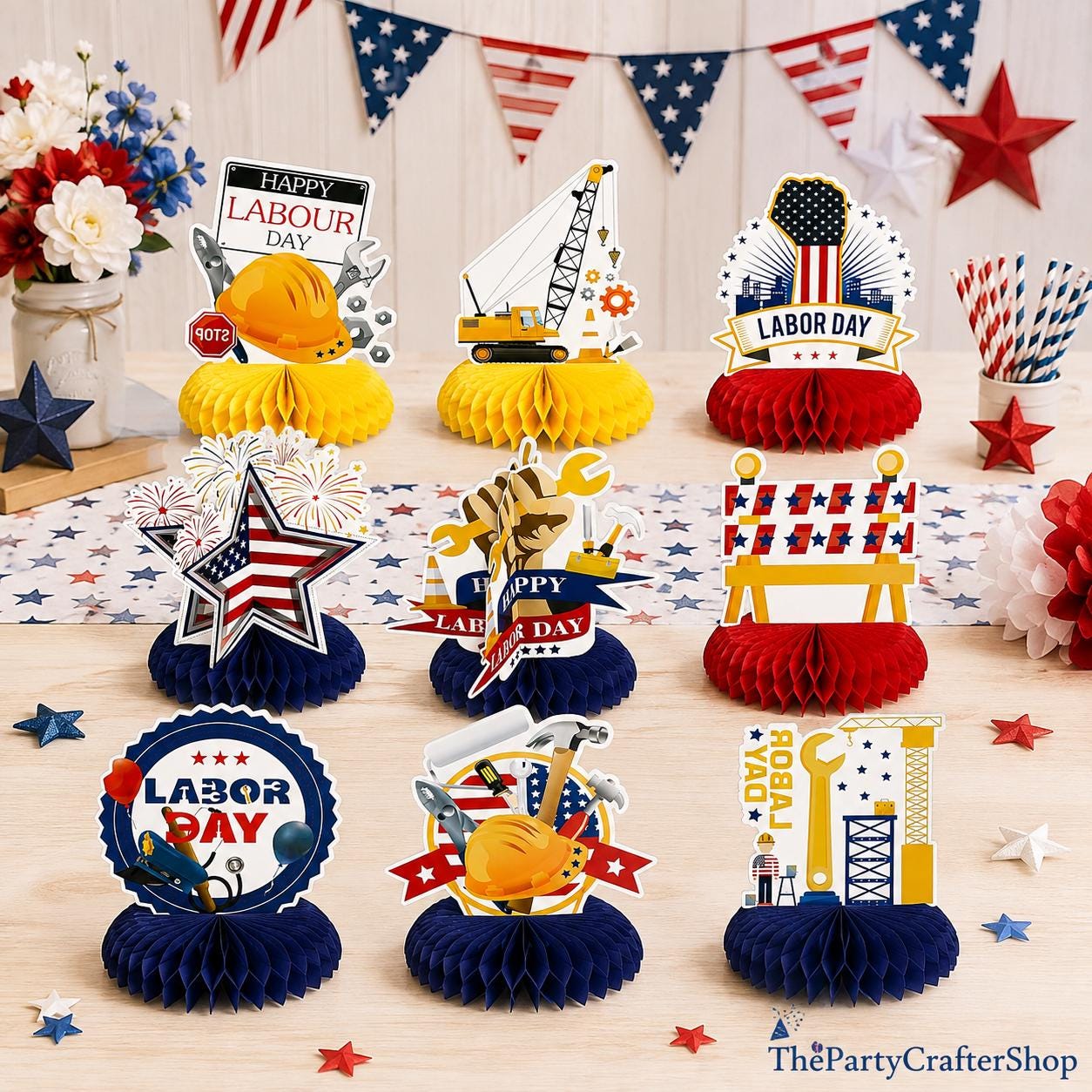Patriotic Labor Day Centerpieces, Worker Tools, Red White Blue Decorations