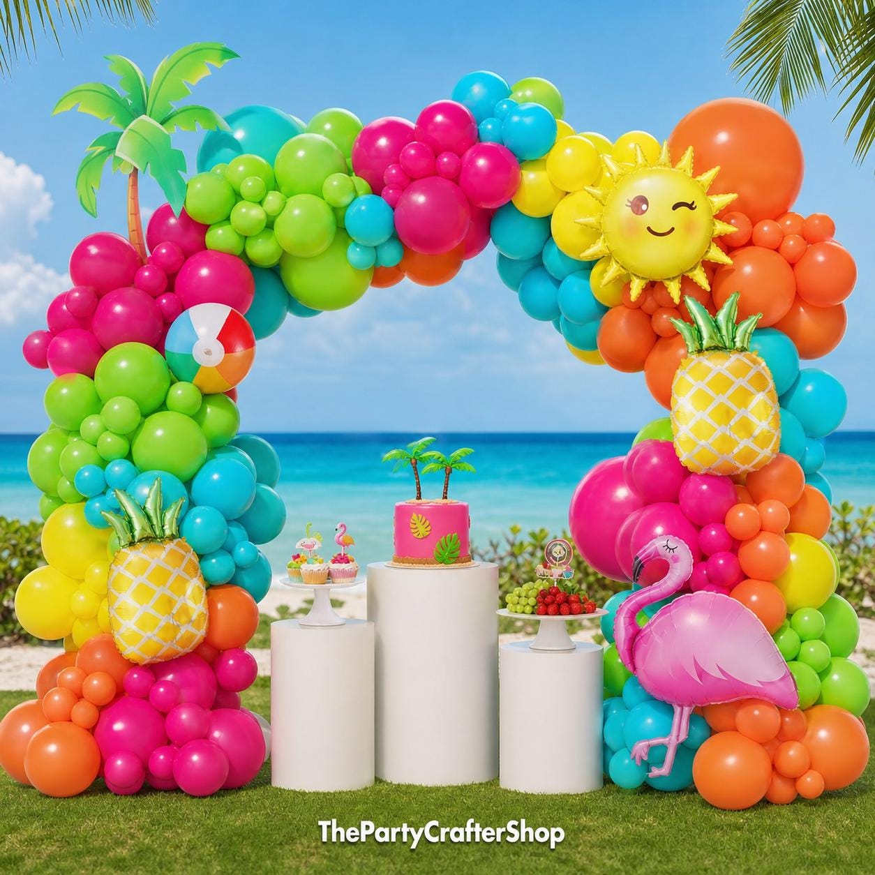 Tropical Balloon Arch Kit | Hawaiian Luau Garland with Flamingo, Pineapple, Sun, Beach Ball Decorations