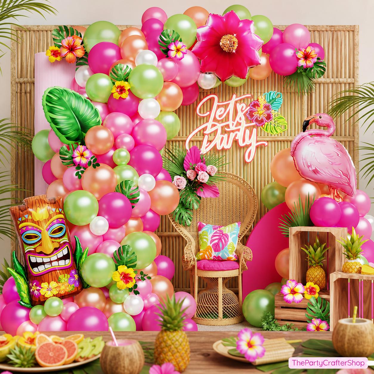 Hawaiian Tropical Balloon Arch Kit | Tiki Flamingo Palm Leaf Luau Garland Summer Birthday Decor