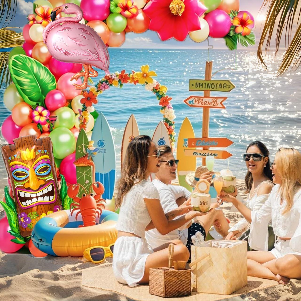 Hawaiian Tropical Balloon Arch Kit | Tiki Flamingo Palm Leaf Luau Garland Summer Birthday Decor