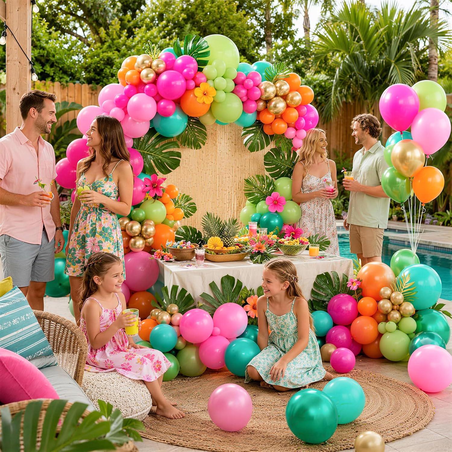 Tropical Luau Balloon Garland Kit | Pink, Olive, Orange, Teal, Gold Summer Arch