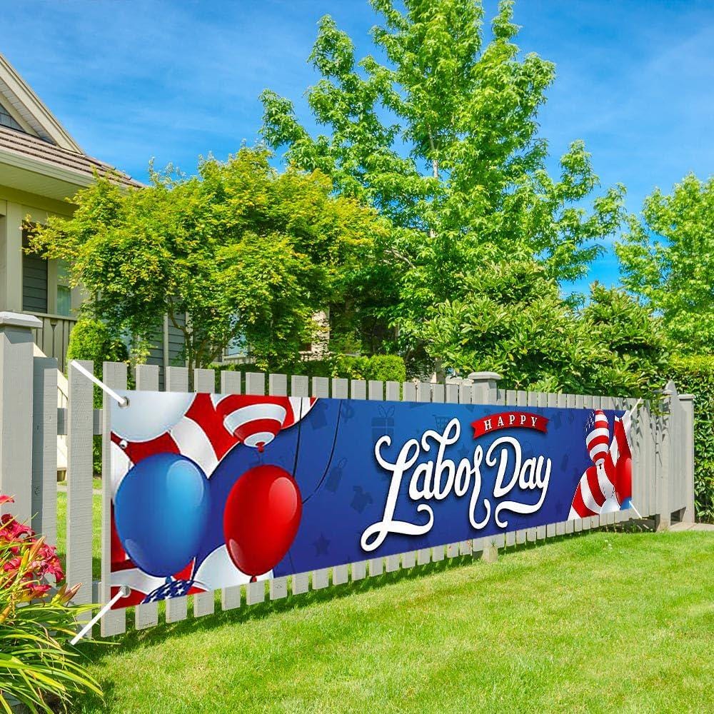 Happy Labor Day Banner, Patriotic American Flag Fence Sign, Red White Blue Party Backdrop