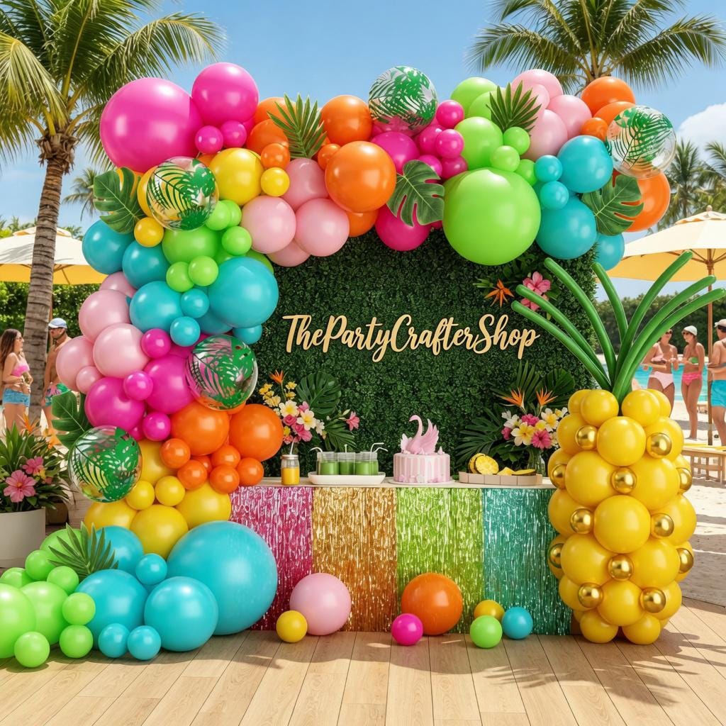 Tropical Balloon Arch Kit | Aloha Party Decor with Pink, Green, Teal, Orange, Gold Balloons