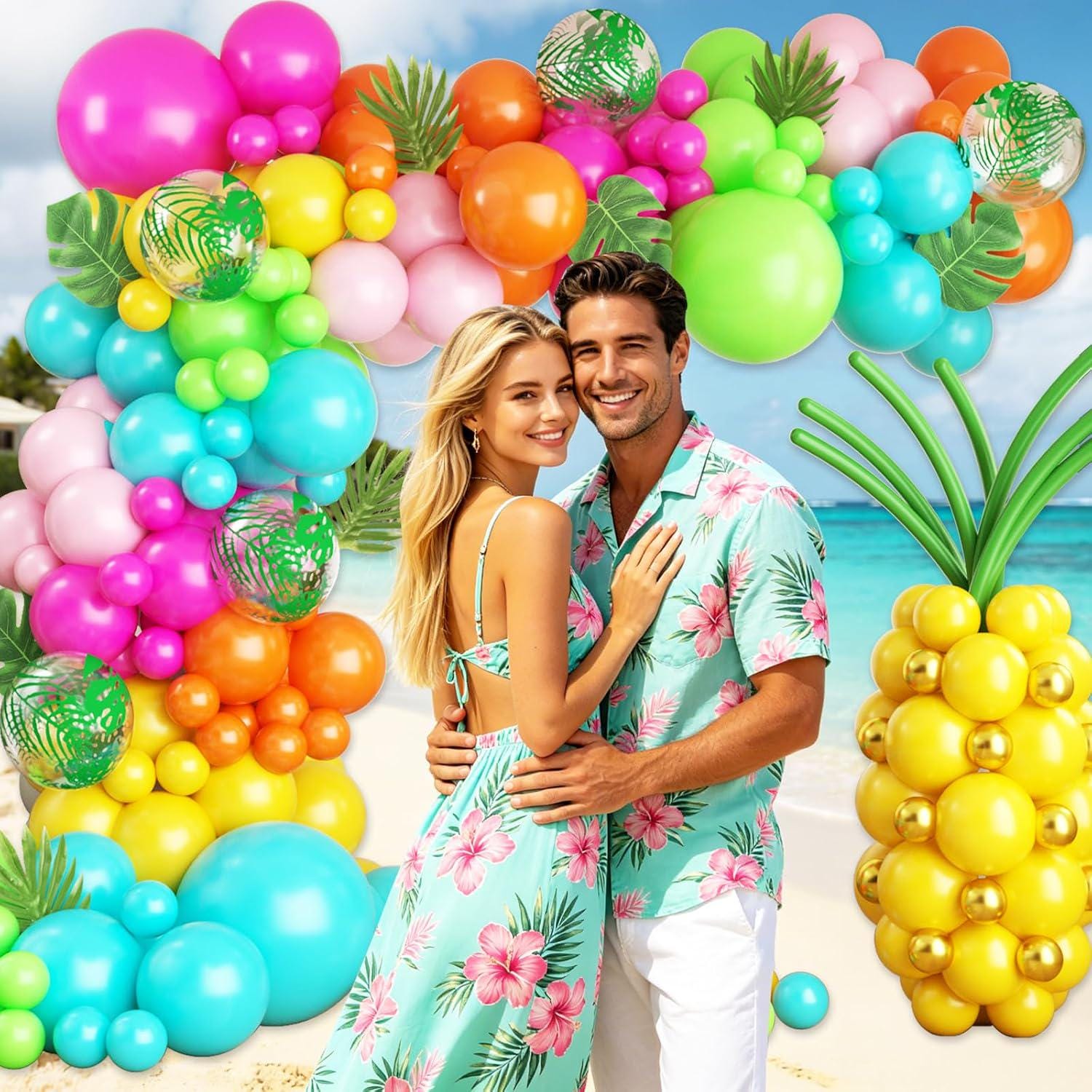 Tropical Balloon Arch Kit | Aloha Party Decor with Pink, Green, Teal, Orange, Gold Balloons