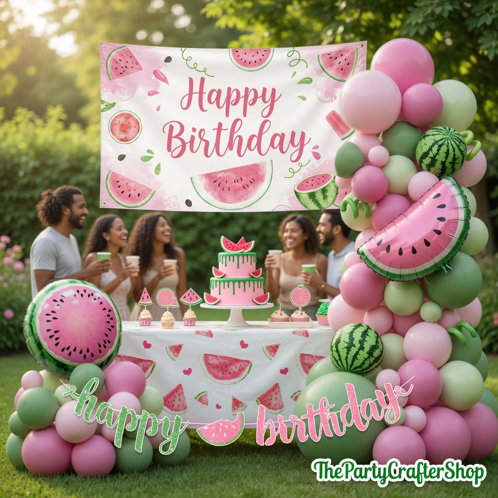 Watermelon Birthday Party Decorations Kit | Summer Melon Backdrop Balloon Garland Cake Toppers and Tablecloth