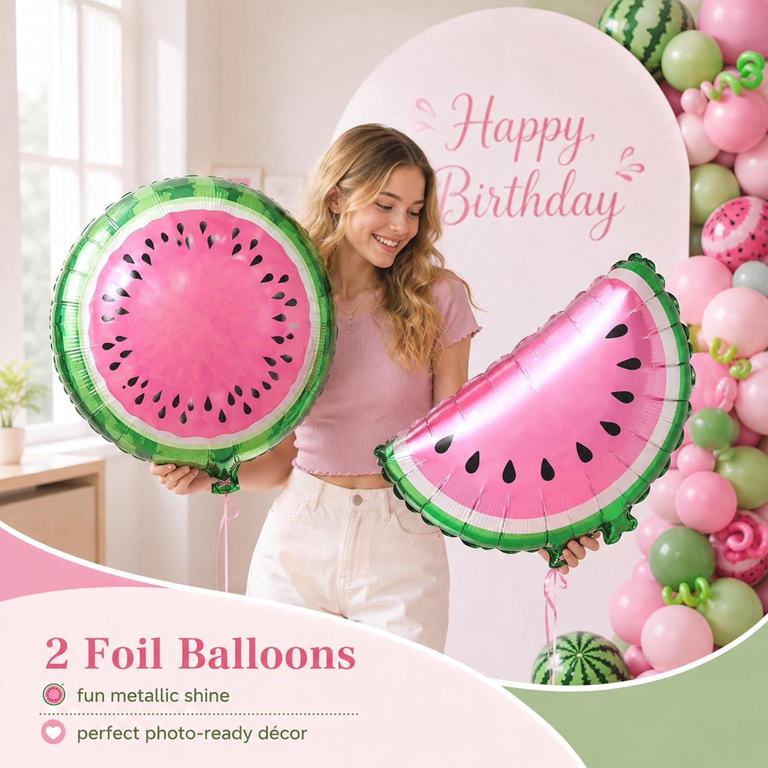 Watermelon Birthday Party Decorations Kit | Summer Melon Backdrop Balloon Garland Cake Toppers and Tablecloth