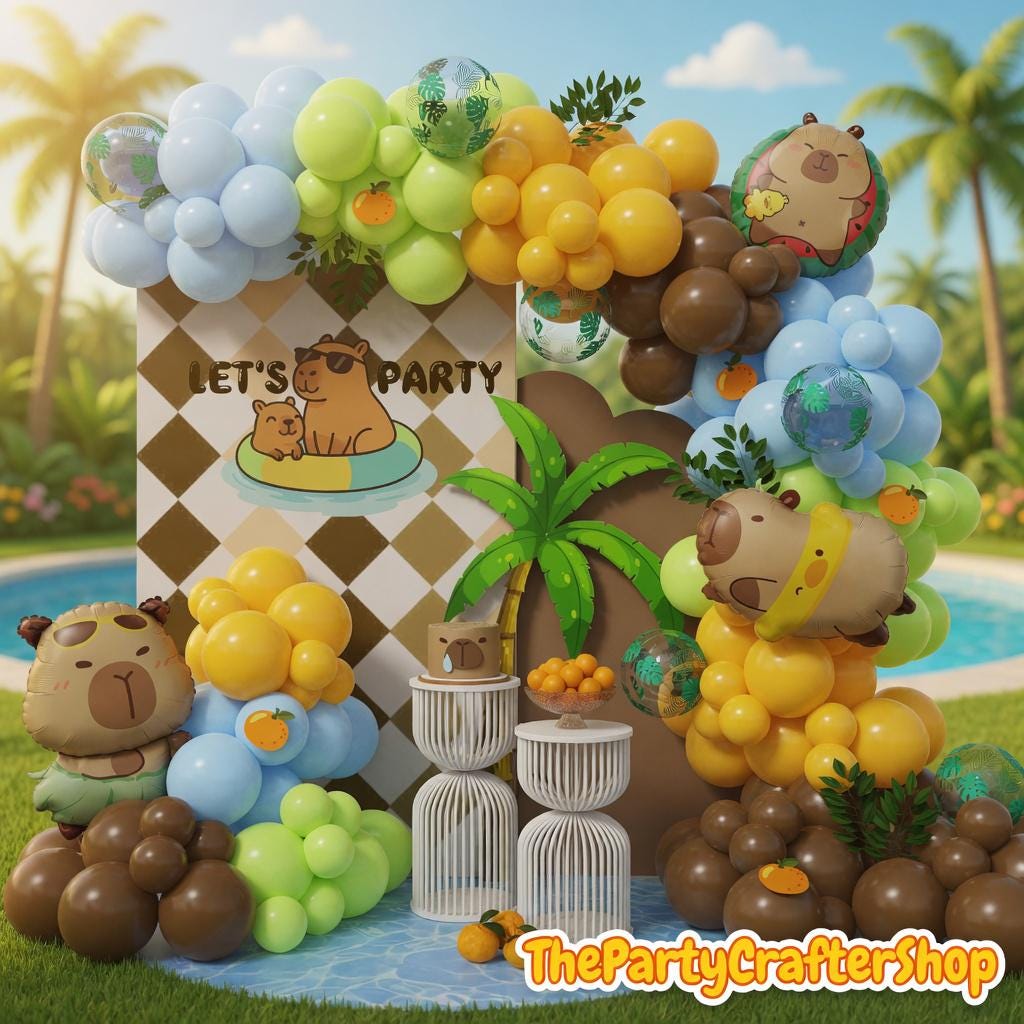 Capybara Birthday Balloon Arch Kit | Brown, Blue, Green Party Decorations