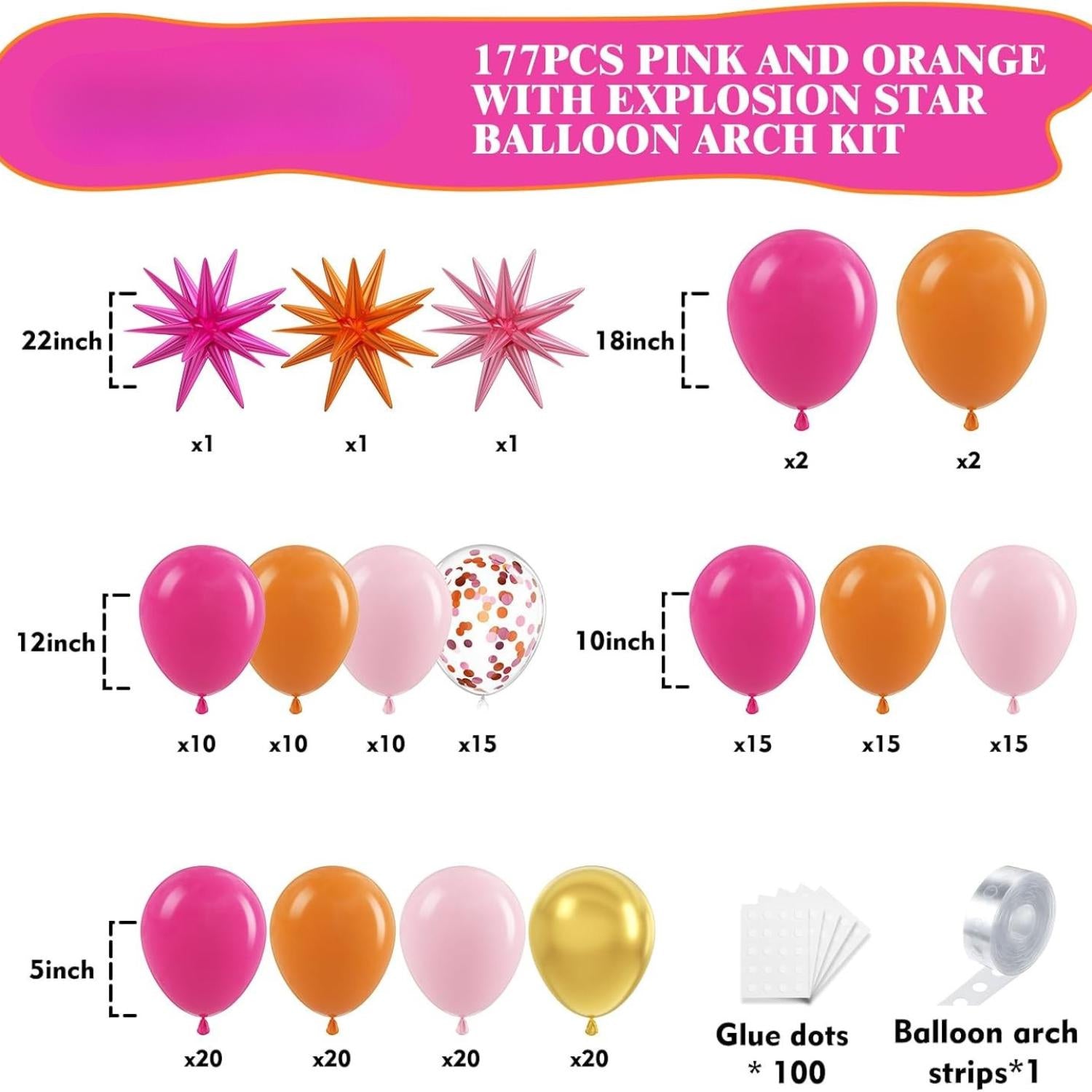 Pink Orange Balloon Garland Kit | Hot Pink Gold Confetti Star Balloons