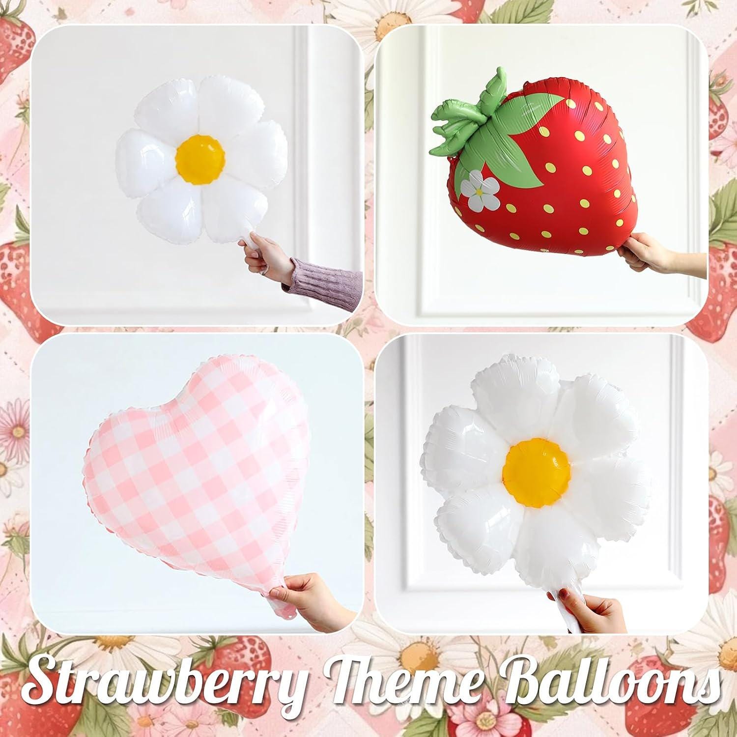 Strawberry Balloon Arch Kit | Berry First Birthday Decorations, Red Pink White Balloons, Daisy Foil