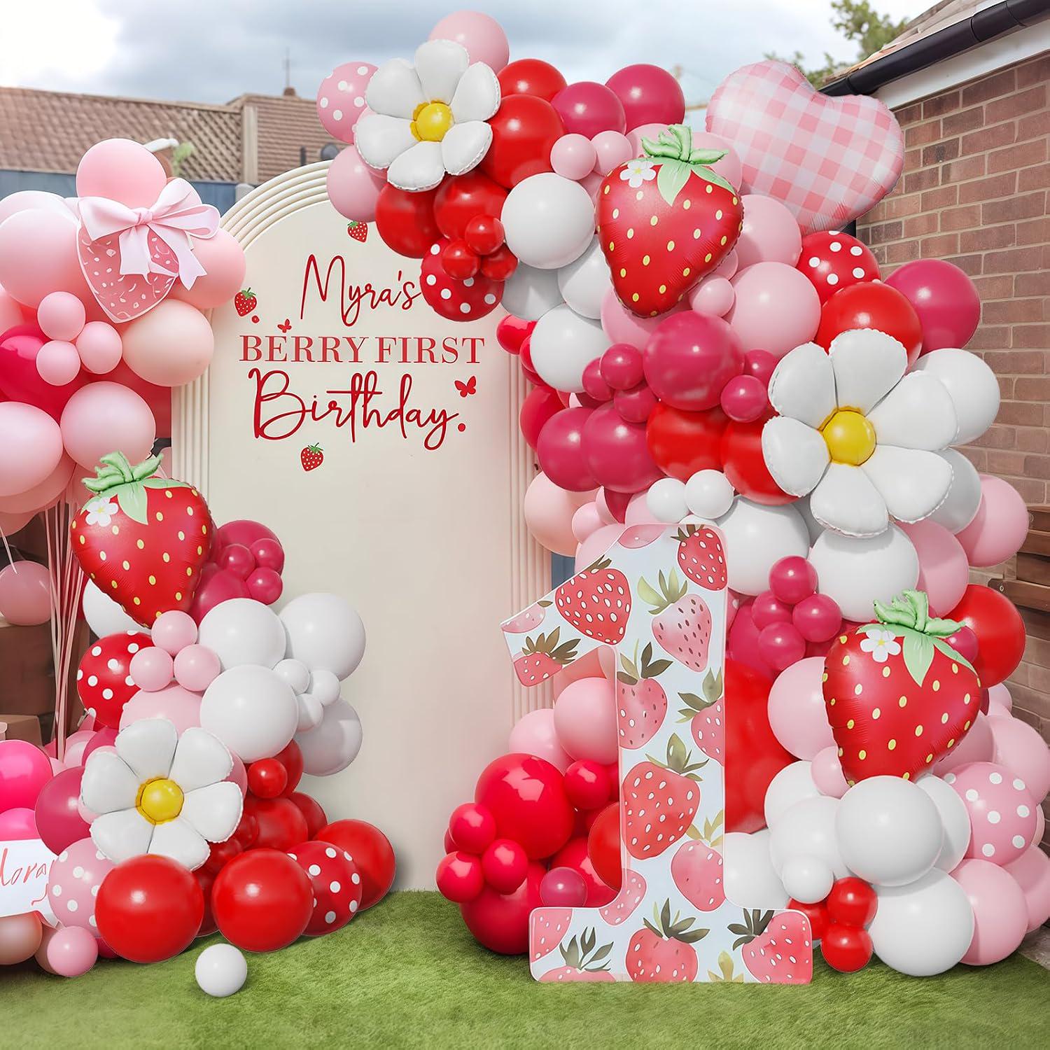 Strawberry Balloon Arch Kit | Berry First Birthday Decorations, Red Pink White Balloons, Daisy Foil