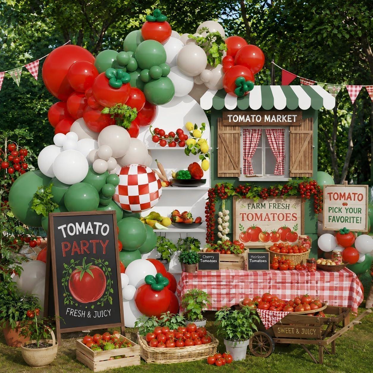 Tomato Balloon Arch Kit | Red Green Garland, Checkered Foil Balloons (146 Pieces)