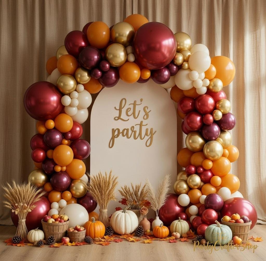 Burgundy Burnt Orange Balloon Arch Kit, Retro Boho Fall Garland, Metallic Gold Cream Thanksgiving Baby Shower Birthday Decor