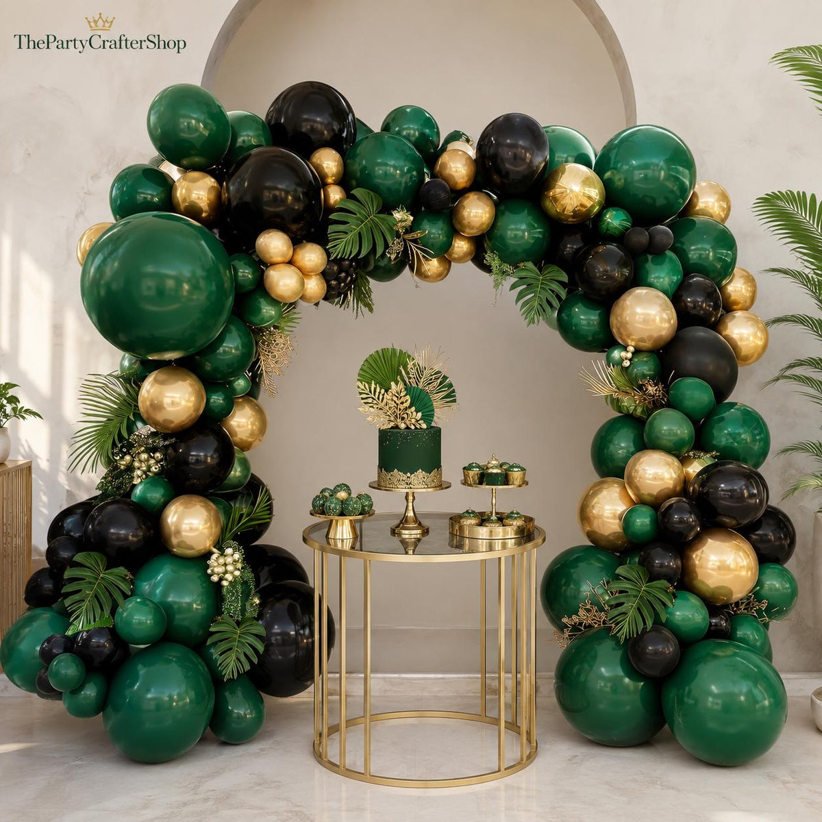 Emerald Green Black Gold Balloon Arch Kit | Luxury Tropical Luau Birthday Decor