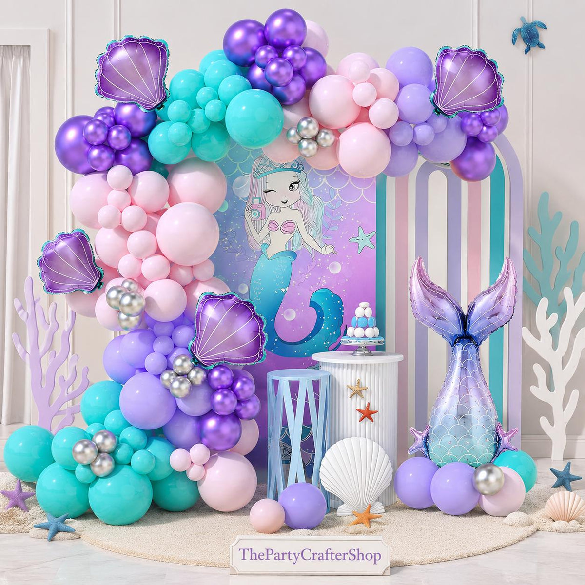 Mermaid Balloon Arch Kit | Pastel Pink Purple Green Garland, Tail Seashell Balloons (Birthday Party)