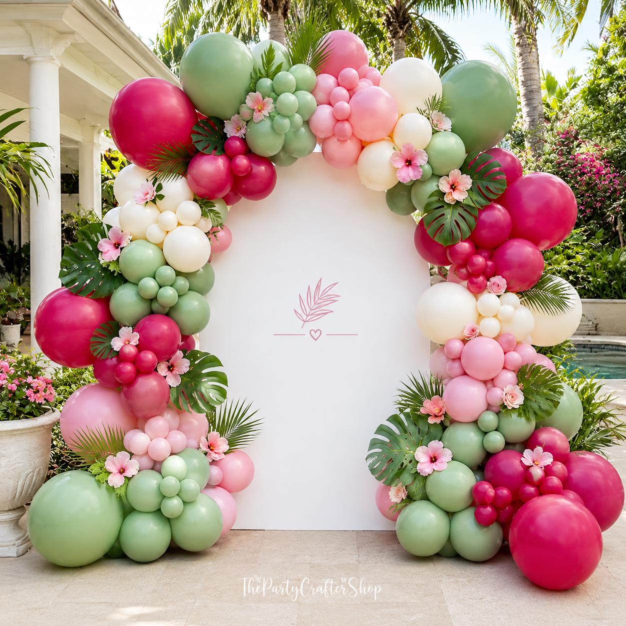 Hot Pink Sage Green Balloon Arch Kit | Double Stuffed Magenta Olive Ivory Balloons