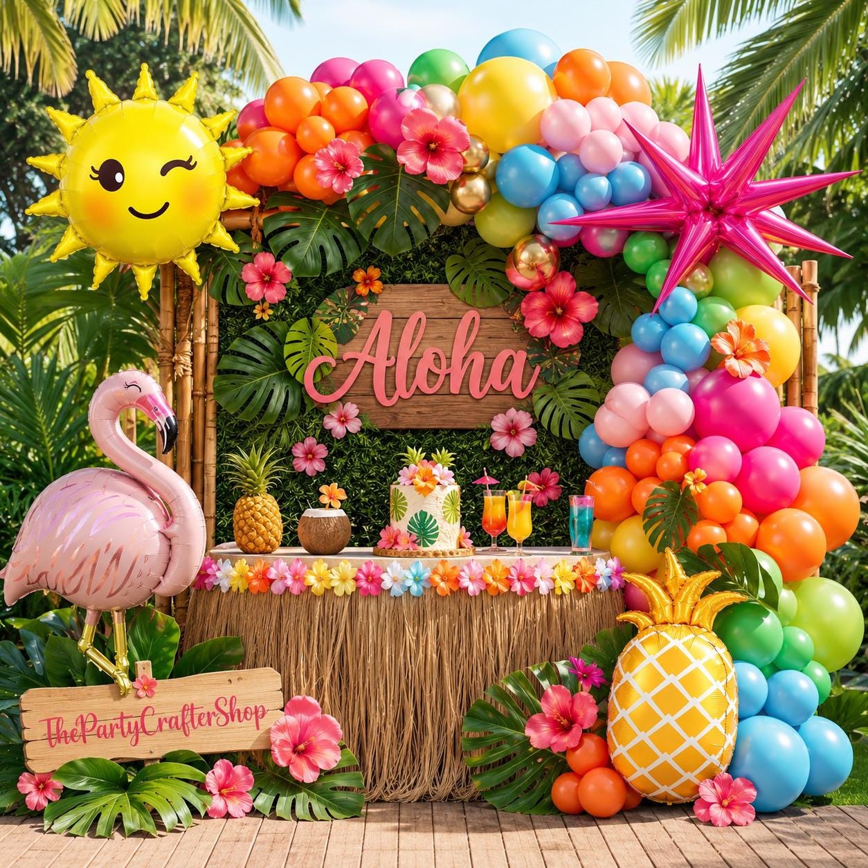 Tropical Flamingo Balloon Arch Kit | Luau Garland with Pineapple, Palm Leaves