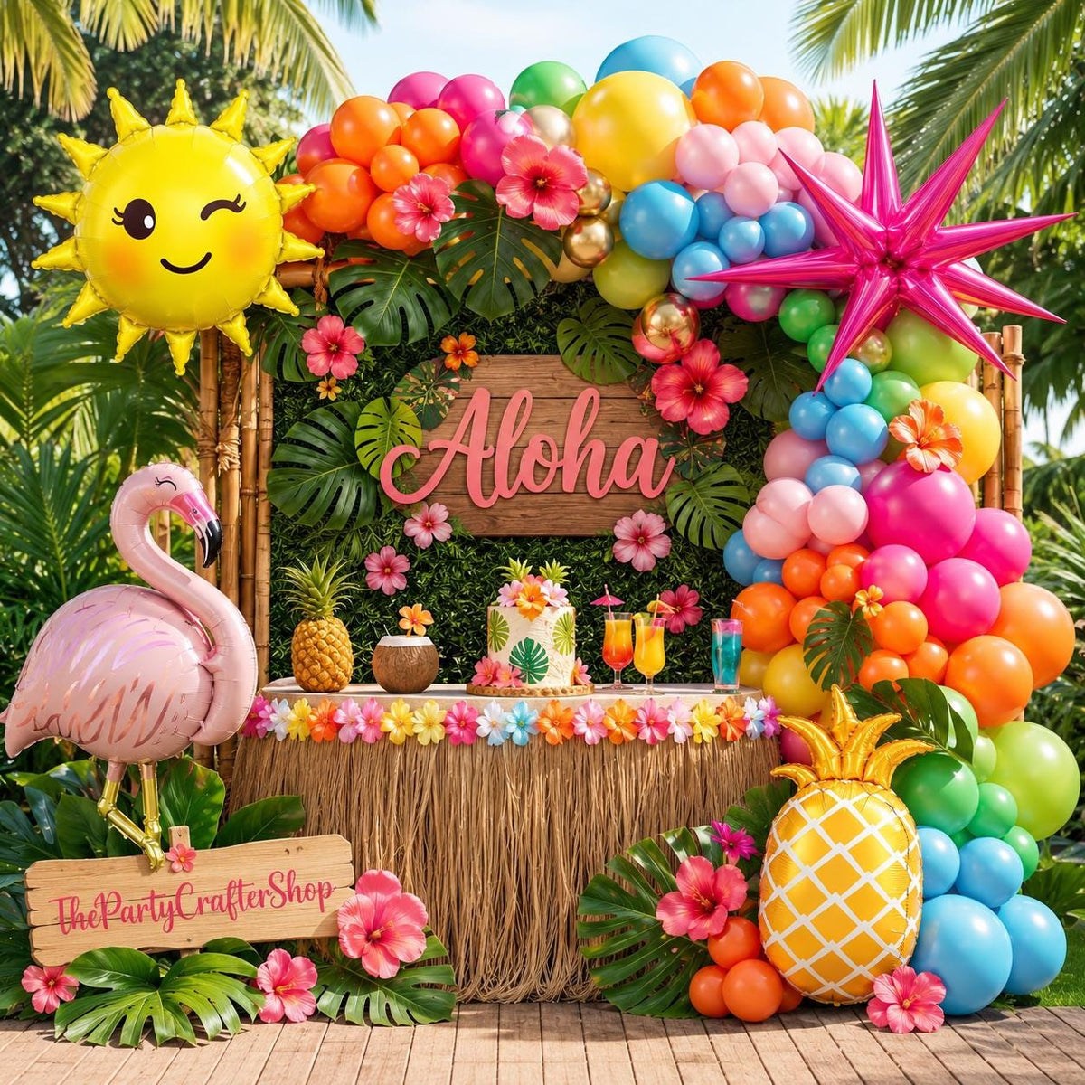 Tropical Flamingo Balloon Arch Kit | Luau Garland with Pineapple, Palm Leaves