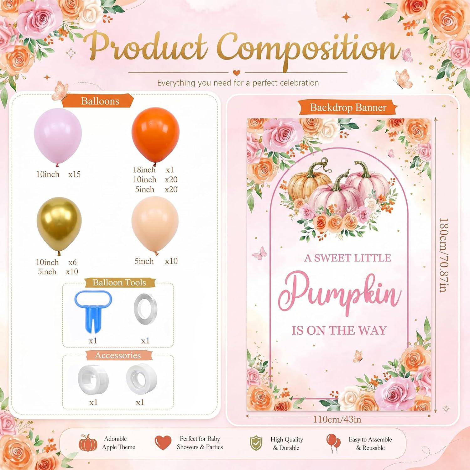 Little Pumpkin Baby Shower Decor, Pink Orange Gold Balloon Arch Kit, Fall Girl Gender Reveal Autumn Party Backdrop