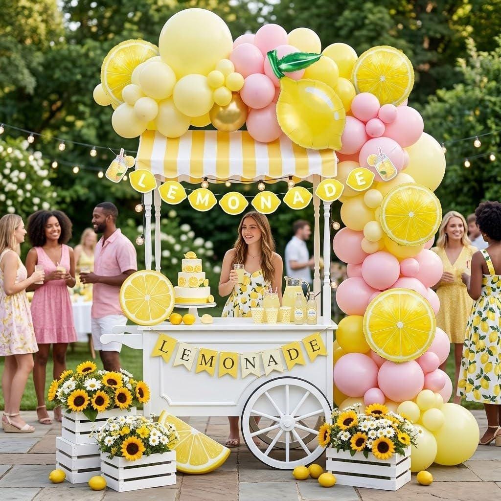 Lemonade Balloon Arch Kit | Pink Yellow Citrus Party Decor with Banner