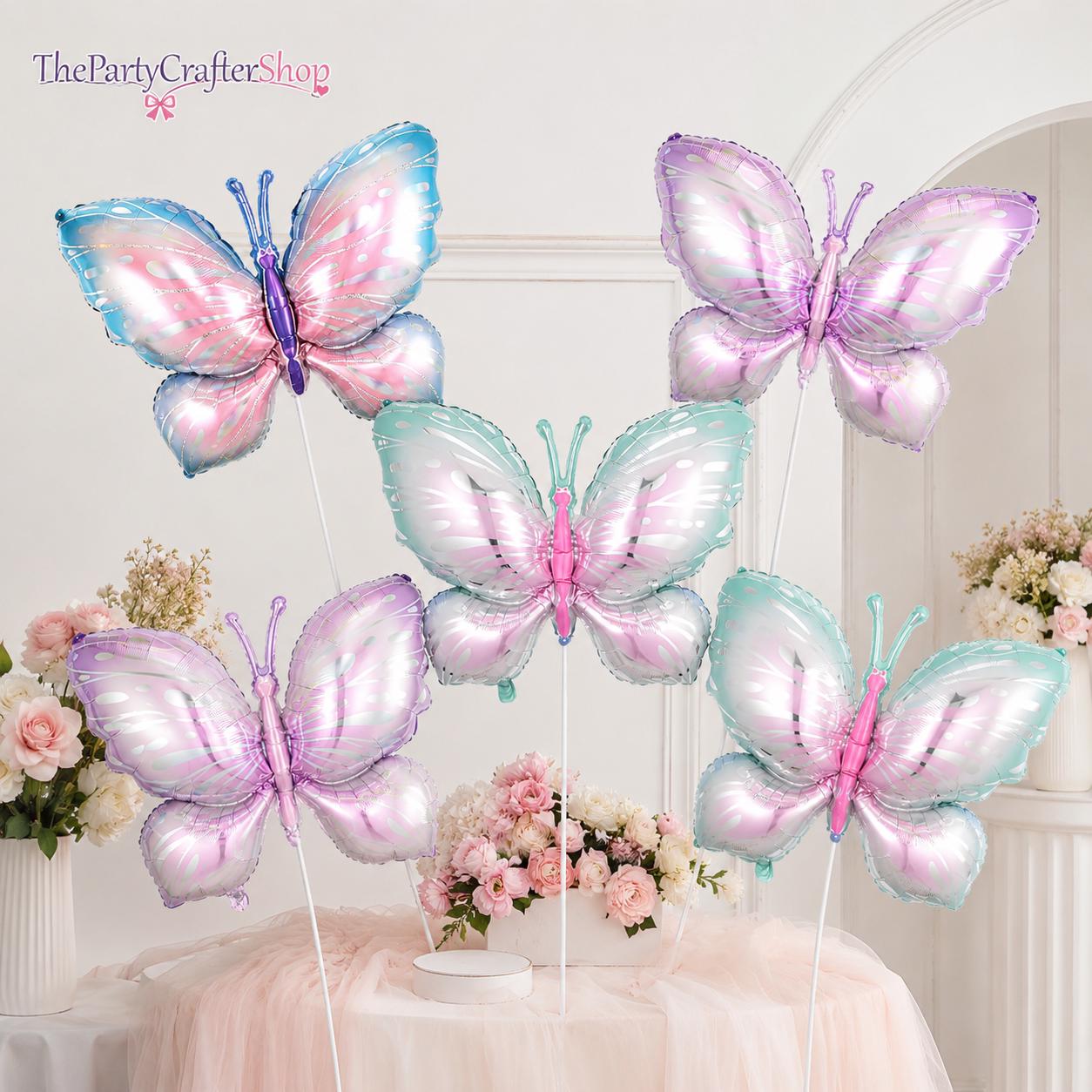 6pc Butterfly Foil Balloons | Purple, Pink, Silver, Blue Mylar Party Decor