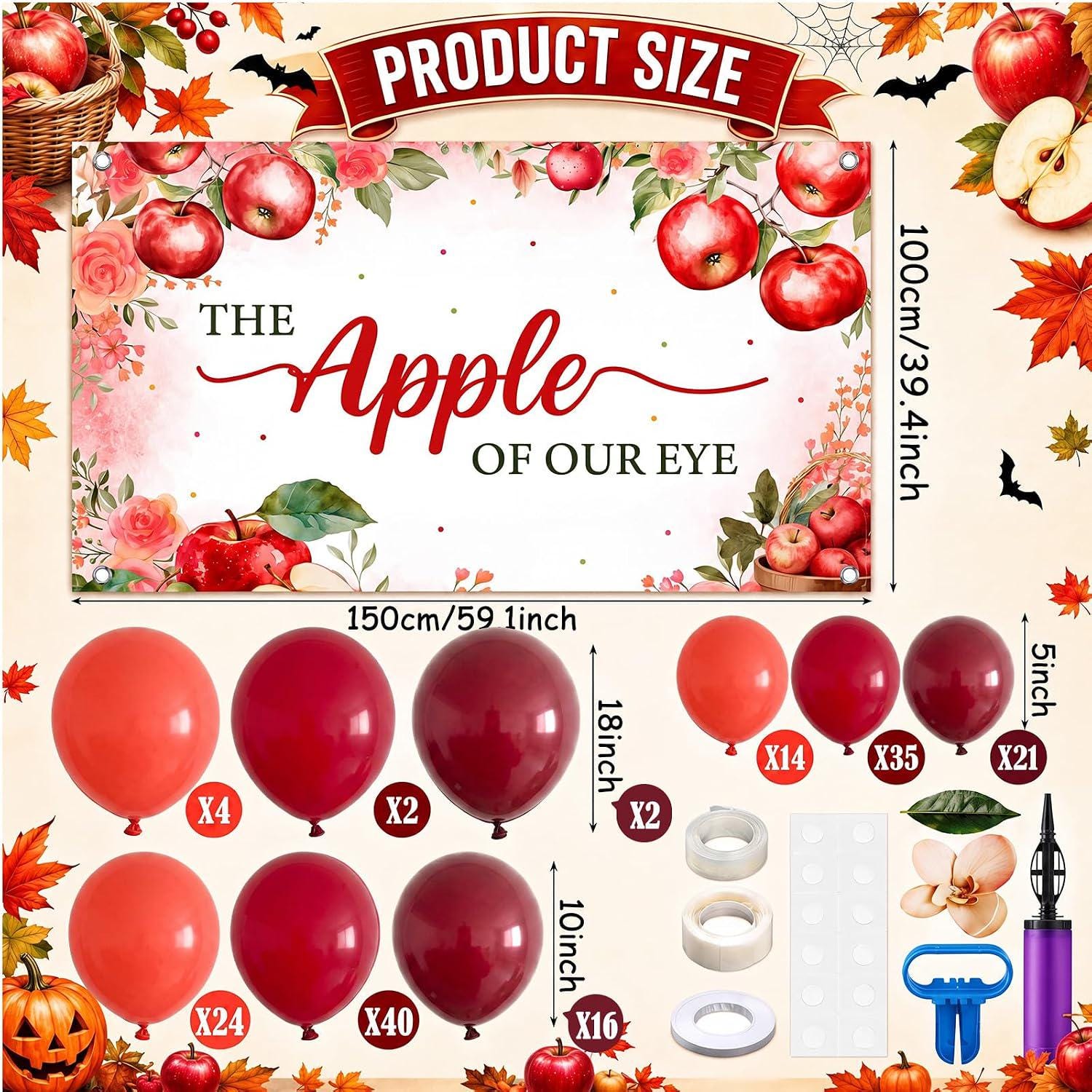 159PCS Apple of Our Eye Baby Shower Decor, Red Burgundy Balloon Arch Kit with Backdrop, First Birthday Fall Harvest Party Decor