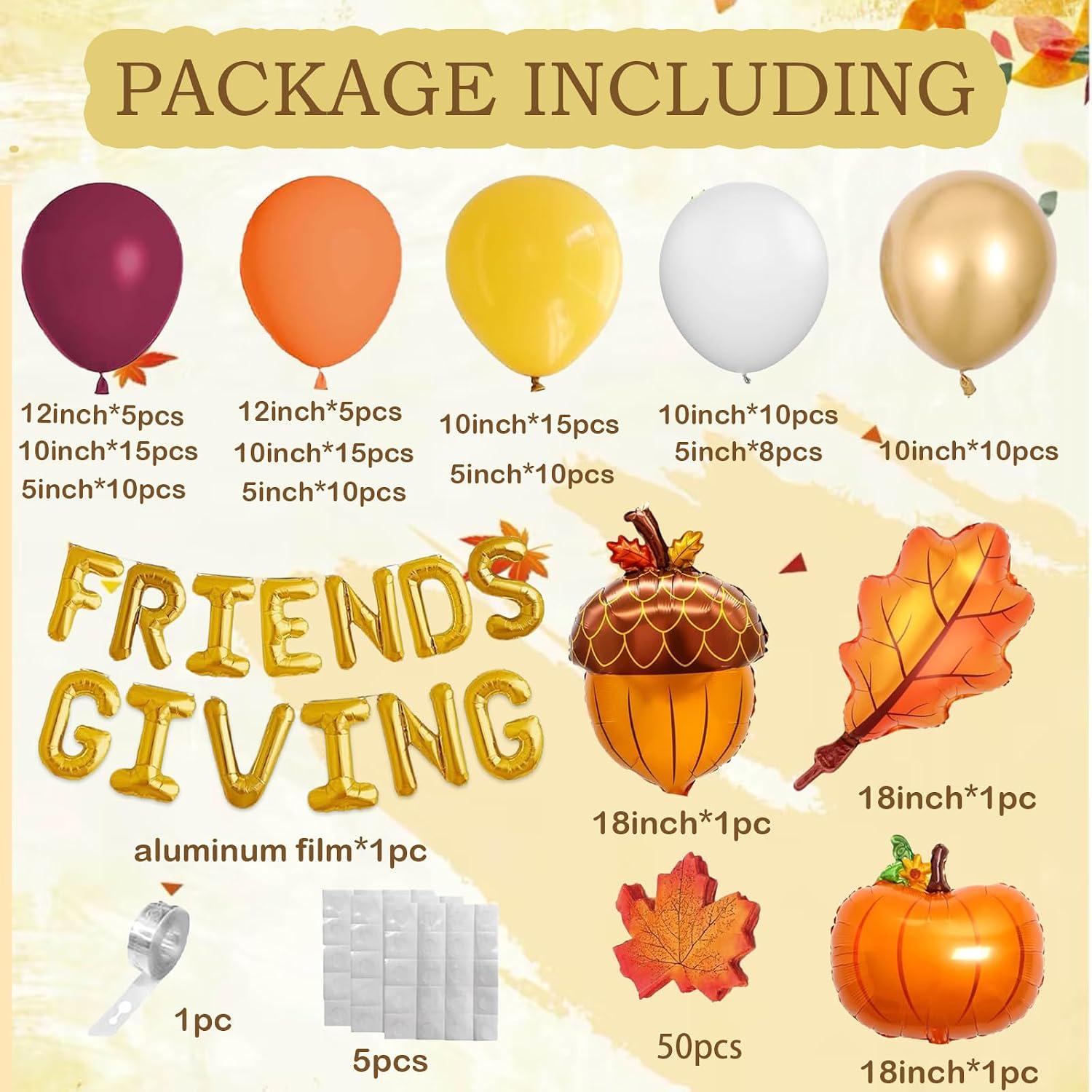 125PCS Friendsgiving Balloon Arch Kit, Orange Yellow Burgundy Balloon Garland, Maple Leaf Thanksgiving Fall Pumpkin Party Decor