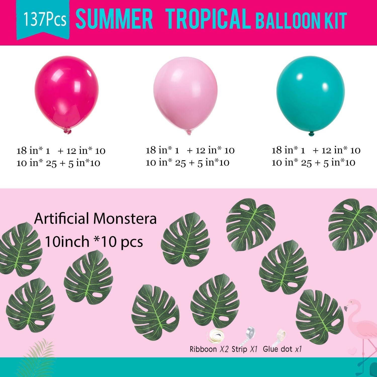 Tropical Aloha Balloon Arch Kit | Pink Teal Palm Leaves Hawaiian Party Decor