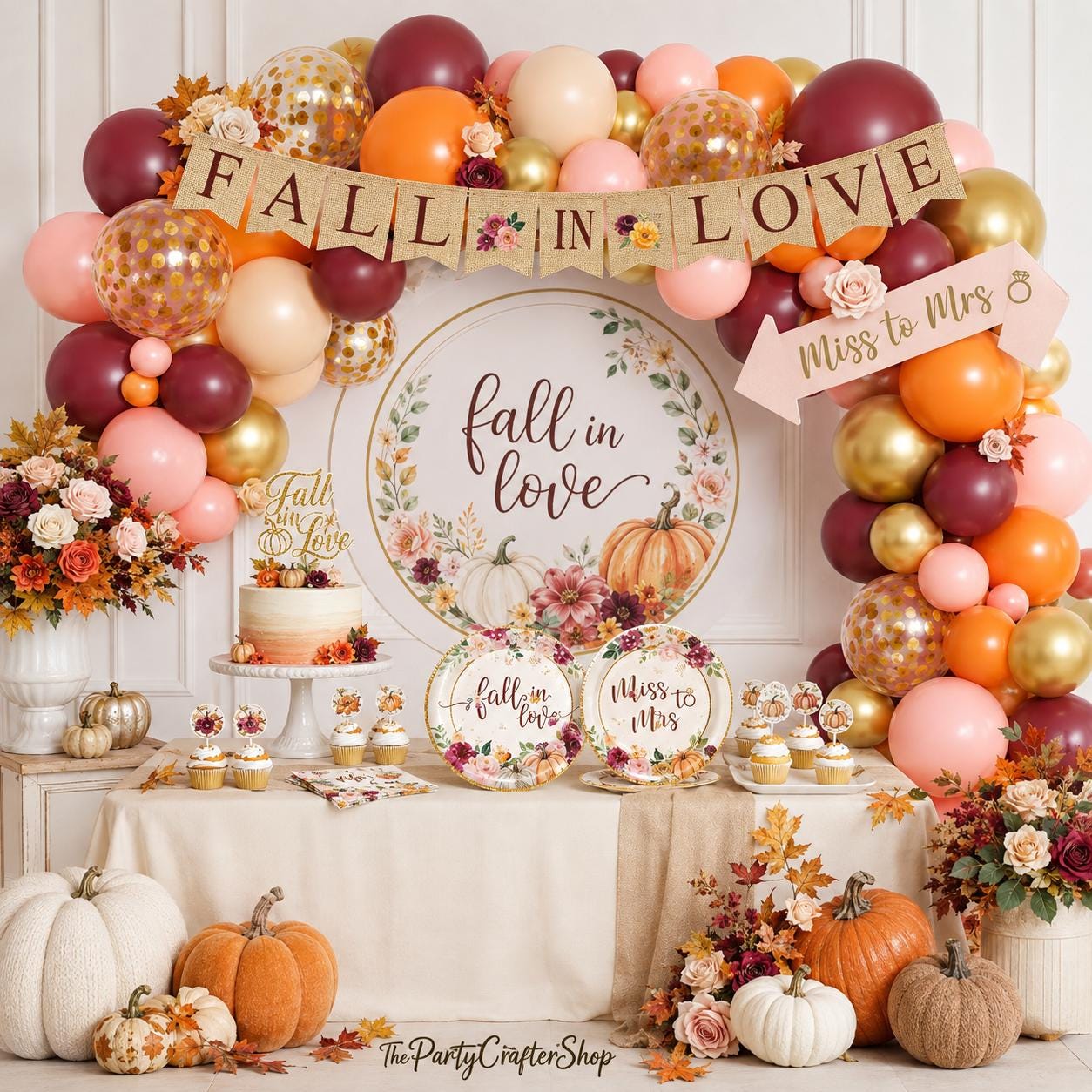 271PCS Fall in Love Bridal Shower Decorations, Miss to Mrs Party Kit, Balloon Arch Backdrop Tableware Cake Topper, Autumn Wedding Decor