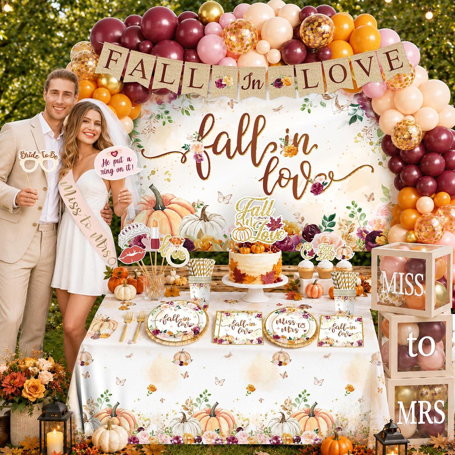 271PCS Fall in Love Bridal Shower Decorations, Miss to Mrs Party Kit, Balloon Arch Backdrop Tableware Cake Topper, Autumn Wedding Decor