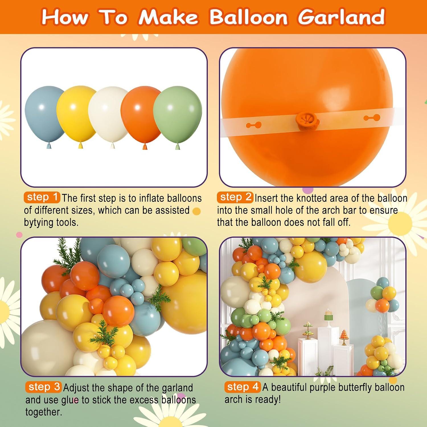 Retro Boho Balloon Garland Kit, Dusty Blue Burnt Orange Yellow Ivory, Baby Shower Decor