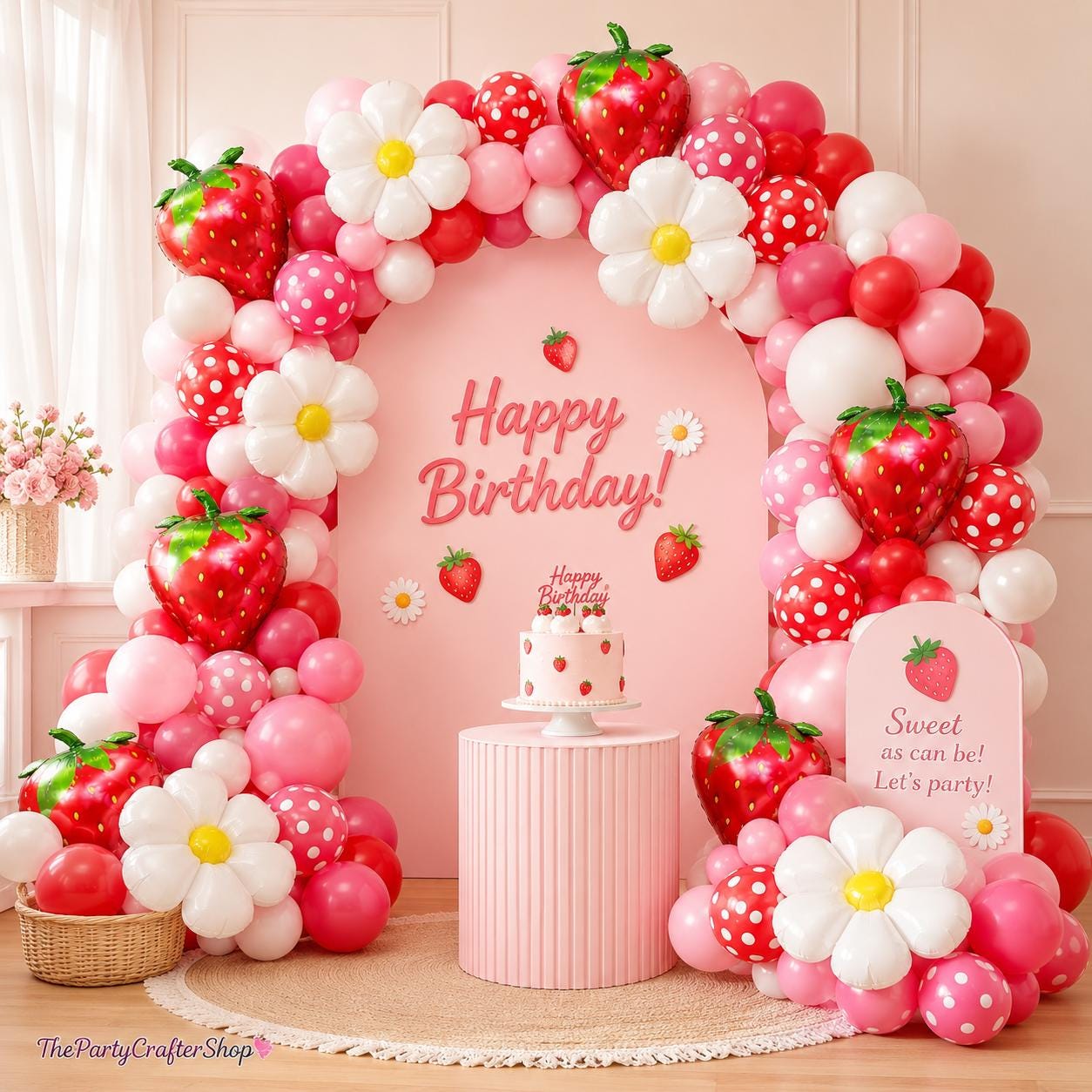 Strawberry Balloon Arch Kit | Sweet One Birthday Decor, Daisy Foil Balloons