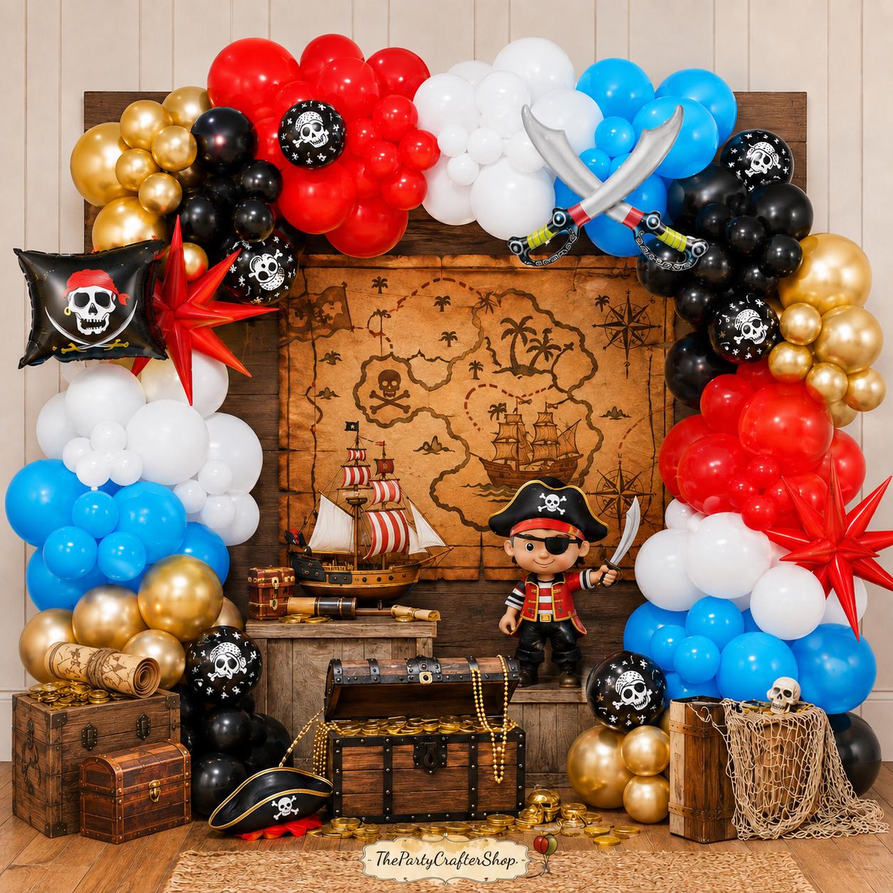 Pirate Balloon Arch Garland Kit | Red Black Balloons, Ship, Sword for Birthday Party