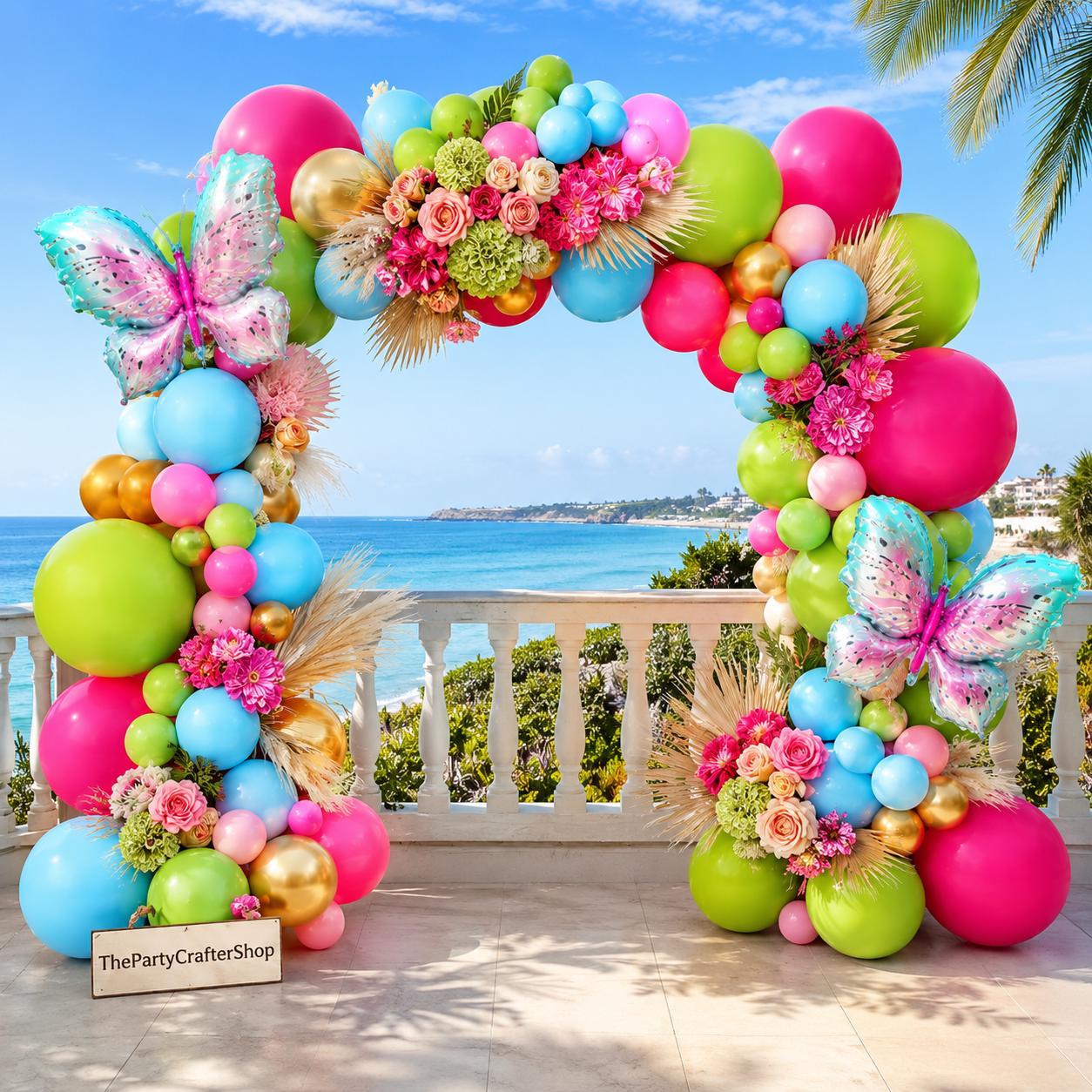 Tropical Butterfly Balloon Arch Kit | Hot Pink Blue Gold Garland for Luau Party Decor