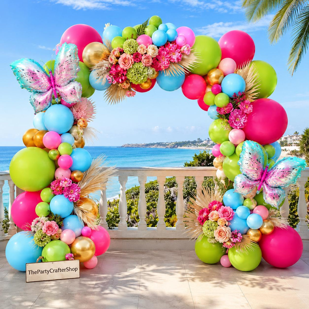 Tropical Butterfly Balloon Arch Kit | Hot Pink Blue Gold Garland for Luau Party Decor
