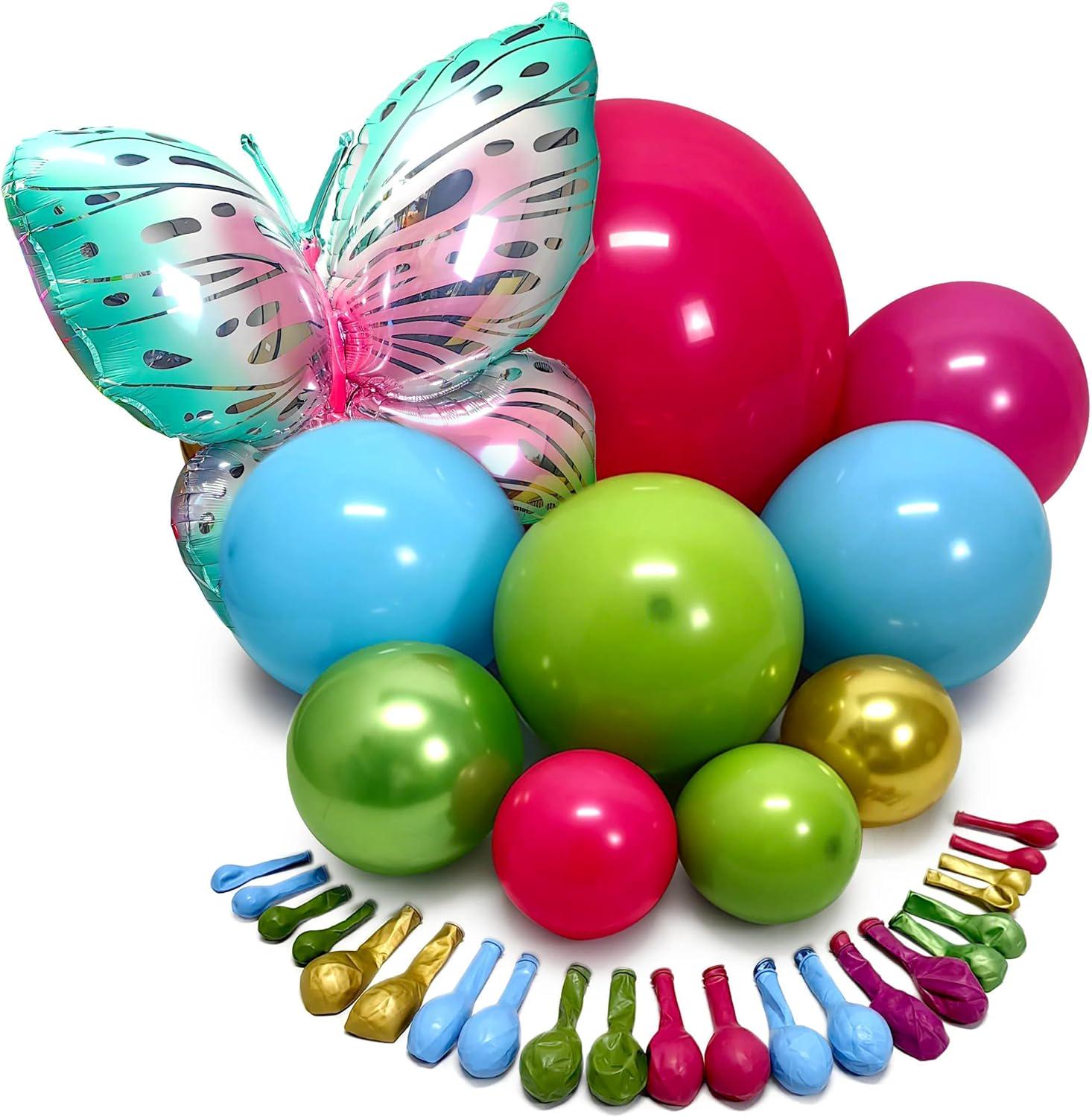 Tropical Butterfly Balloon Arch Kit | Hot Pink Blue Gold Garland for Luau Party Decor