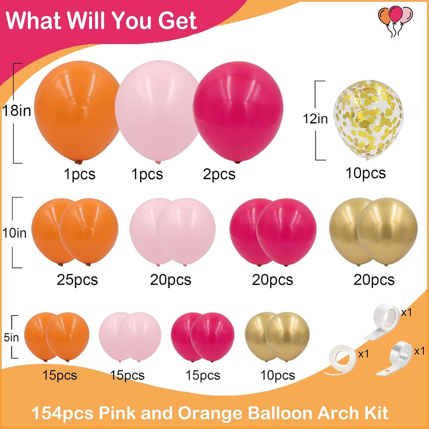 Pink Orange Balloon Arch Kit | Hot Pink Gold Confetti Garland for Birthday Baby Shower