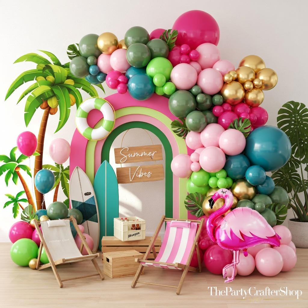 Tropical Flamingo Balloon Arch Kit | Hot Pink Green Gold Luau Party Decor