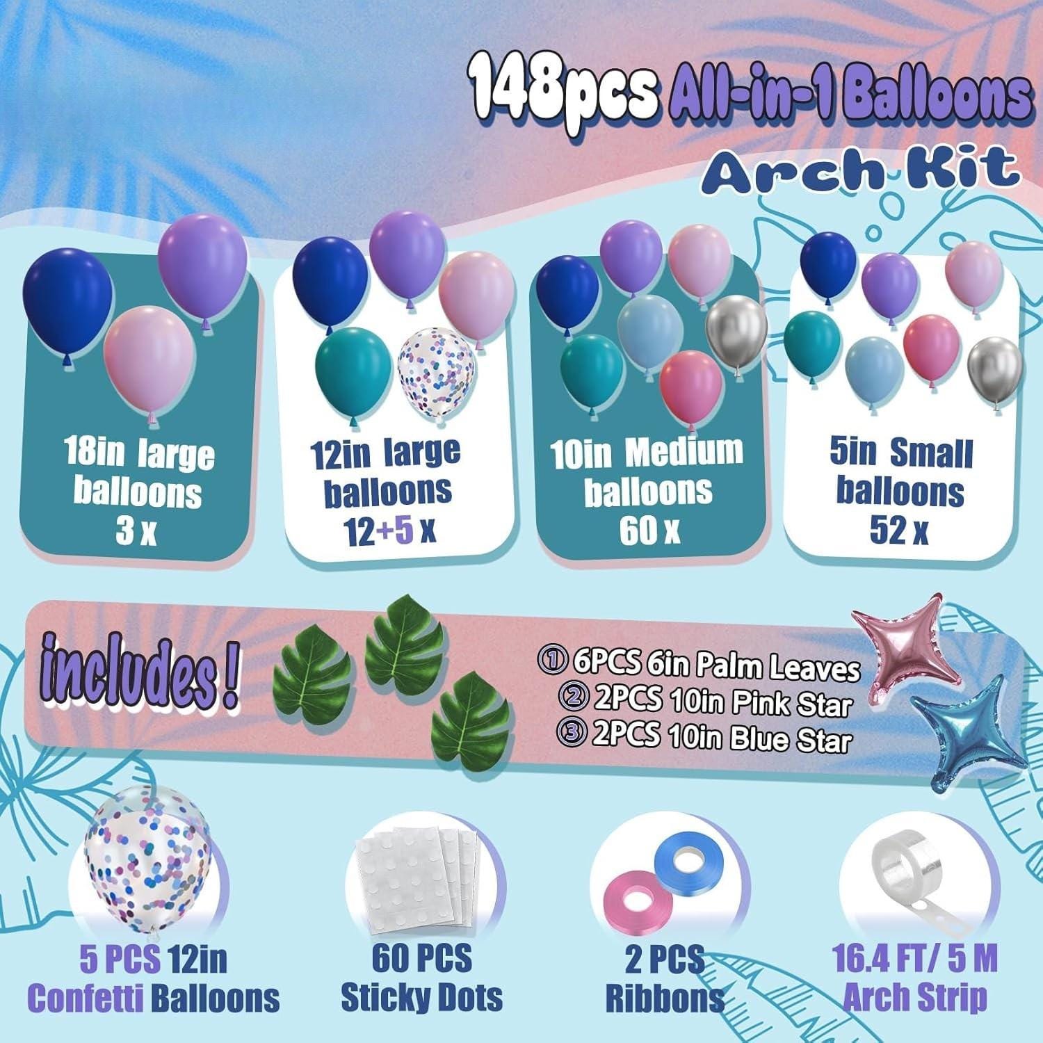 Tropical Balloon Arch Kit | Blue, Purple, Pink Summer Luau Garland with Palm Leaves, Stars