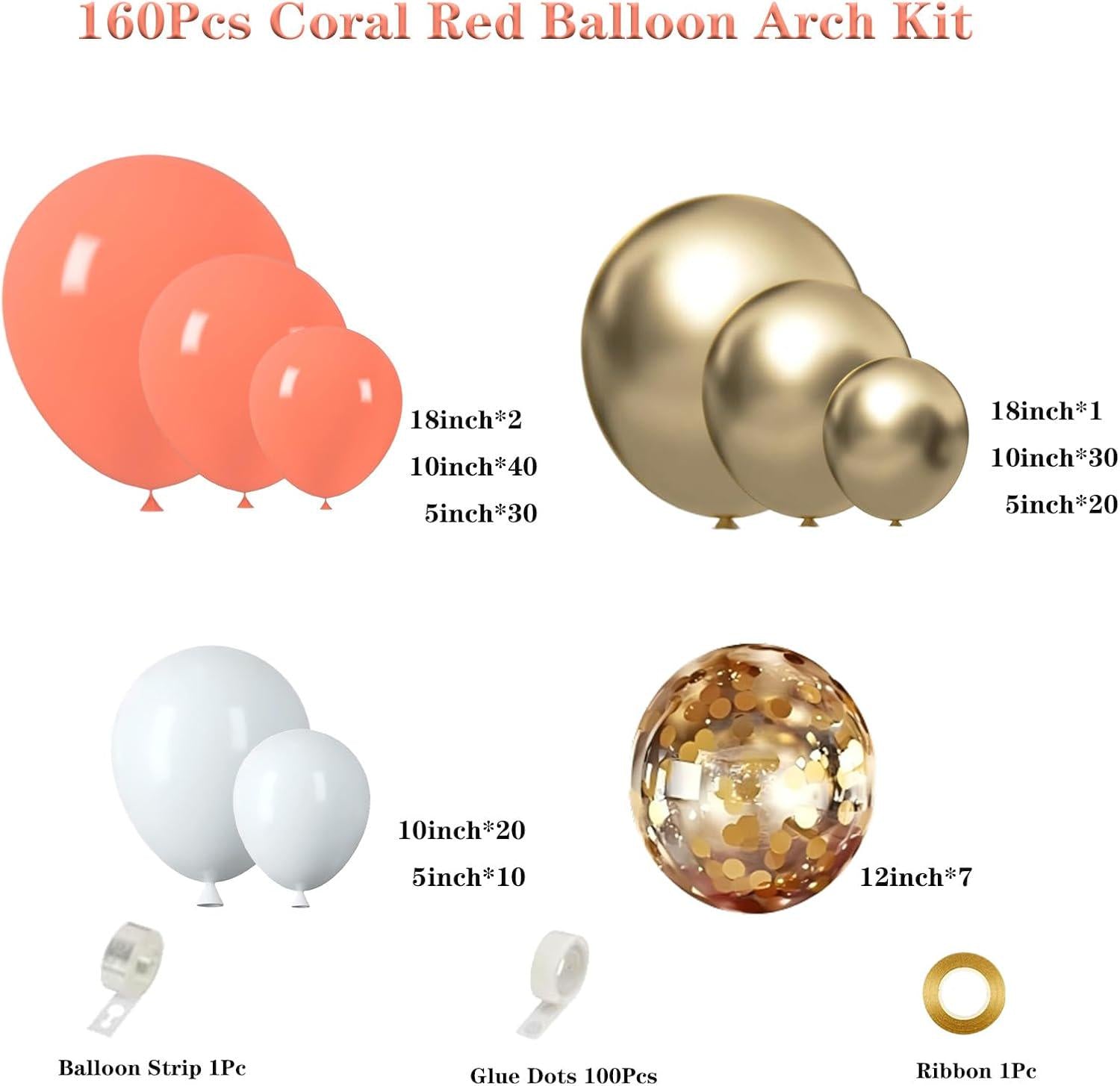Coral Red White Gold Balloon Garland Arch Kit, Confetti Latex Balloons, Party Decor