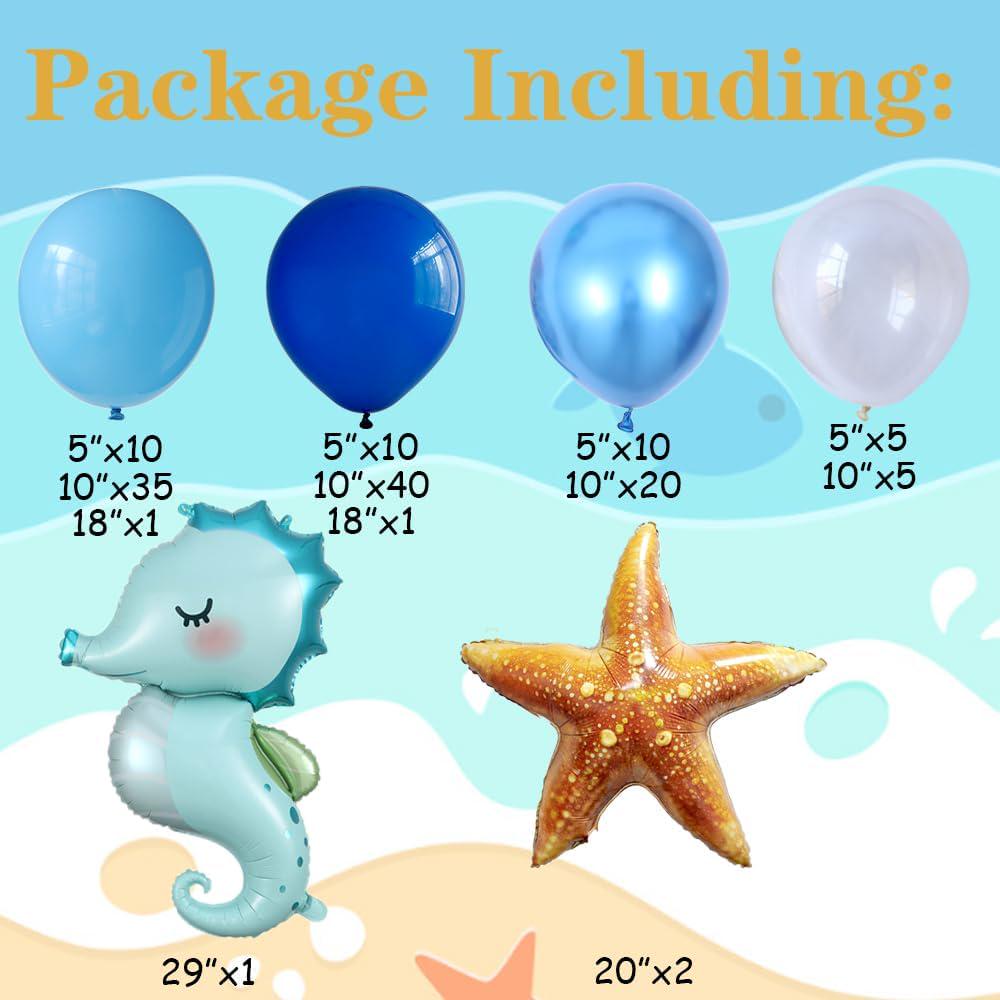 140pc Under the Sea Balloon Arch Kit | Blue Ocean Garland with Seahorse and Starfish Balloons for Summer Beach Party Decor