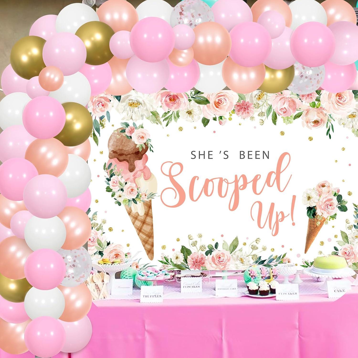 Ice Cream Bridal Shower Backdrop | Floral Pink Gold Balloon Arch Decorations